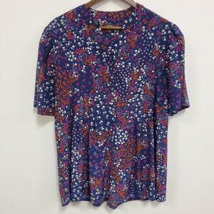 Cocomo Womens Short Sleeve Floral Pleated‎ Top Size 2X Blue Modest Office Career